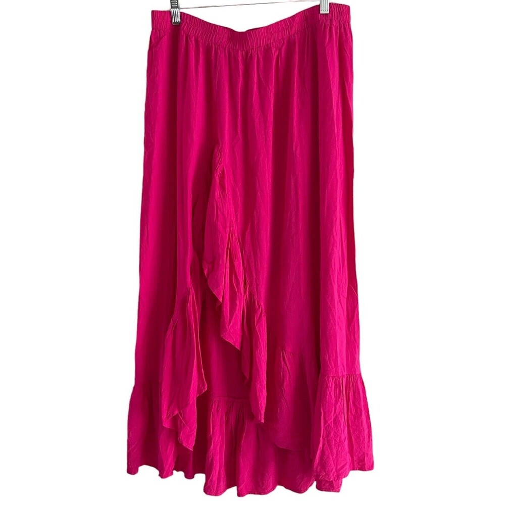 Rusttydustty Midi Skirt Plus Size 1XL Ruffle Hem Front Slit Bright Pink Fun Girl